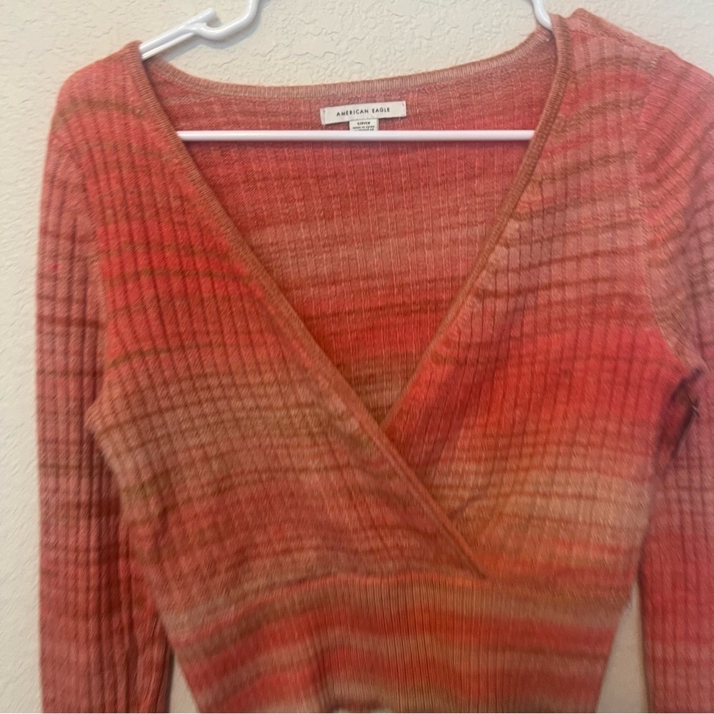 Small   American Eagle Women's Red Space Dyed Faux Wrap
Cropped Sweater - Picture 10 of 11
